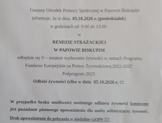 Papowo Biskupie: ostatnia szansa na odbiór żywności z Programu Fundusze Europejskie na Pomoc Żywnościową