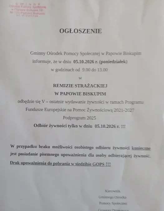 Papowo Biskupie: ostatnia szansa na odbiór żywności z Programu Fundusze Europejskie na Pomoc Żywnościową