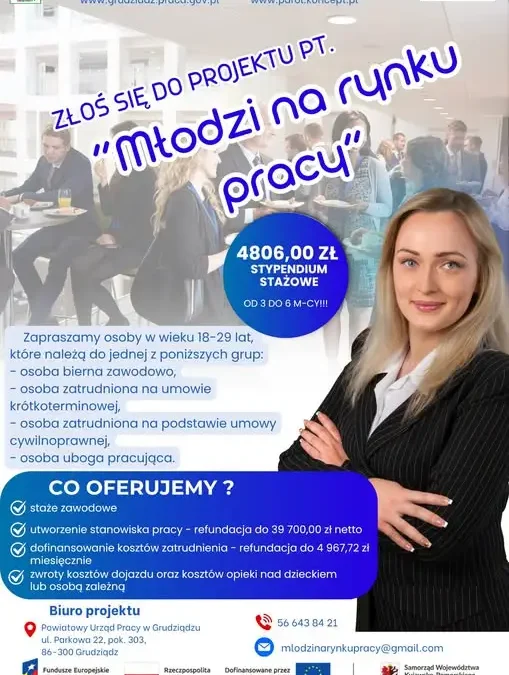 „Młodzi na rynku pracy” – staże i refundacje dla pracodawców z Kujaw i Pomorza
