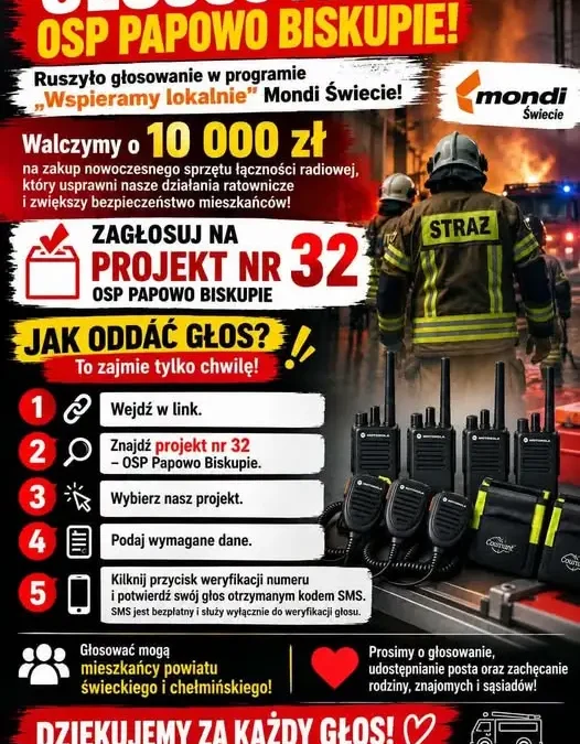 Głosowanie na projekt OSP Papowo Biskupie w programie „Wspieramy lokalnie” Mondi Świecie