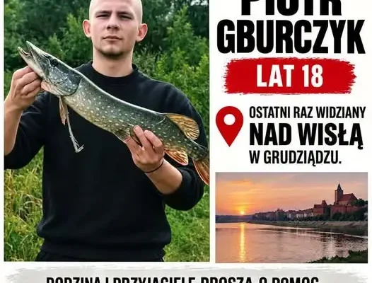 Zaginął 18-letni Piotr Gburczyk. Ostatni raz widziany nad Wisłą w Grudziądzu